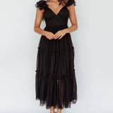 Amal Ruffle Shoulder Tulle Midi Dress Black