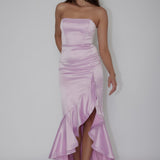 Diony Strapless Ruffle Hem Midi Dress Pink