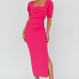 Valette Puff Sleeve Midi Dress Magenta