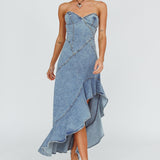 Moon Sweetheart Neckline Ruffle Midi Dress Denim