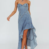 Moon Sweetheart Neckline Ruffle Midi Dress Denim