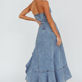 Moon Sweetheart Neckline Ruffle Midi Dress Denim