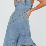 Moon Sweetheart Neckline Ruffle Midi Dress Denim