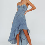Moon Sweetheart Neckline Ruffle Midi Dress Denim