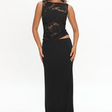 Lorely Ruched Lace Bodice Maxi Dress Black