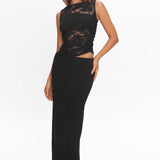 Lorely Ruched Lace Bodice Maxi Dress Black