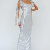 Birthday Wish Tied Shoulder Sequin Maxi Dress Silver
