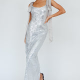 Birthday Wish Tied Shoulder Sequin Maxi Dress Silver