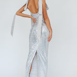 Birthday Wish Tied Shoulder Sequin Maxi Dress Silver