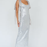 Birthday Wish Tied Shoulder Sequin Maxi Dress Silver
