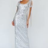 Birthday Wish Tied Shoulder Sequin Maxi Dress Silver