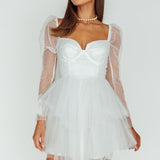 Veola Long Sleeve Tulle Mini Dress White