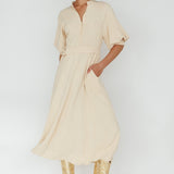 Mallory Belted Waist Lantern Sleeve Midi Dress Beige