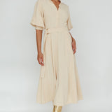 Mallory Belted Waist Lantern Sleeve Midi Dress Beige