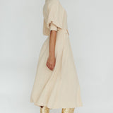 Mallory Belted Waist Lantern Sleeve Midi Dress Beige
