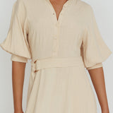 Mallory Belted Waist Lantern Sleeve Midi Dress Beige