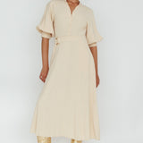 Mallory Belted Waist Lantern Sleeve Midi Dress Beige
