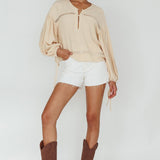 Waltz Long Sleeve Embroidery Trim Top Wheat