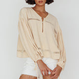 Waltz Long Sleeve Embroidery Trim Top Wheat