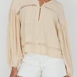 Waltz Long Sleeve Embroidery Trim Top Wheat