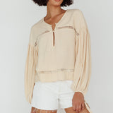 Waltz Long Sleeve Embroidery Trim Top Wheat