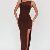 Zenya Split Ruched Maxi Dress Chocolate