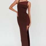 Zenya Split Ruched Maxi Dress Chocolate