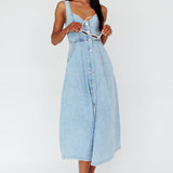 Pixie Dust Button Front Midi Dress Denim Blue