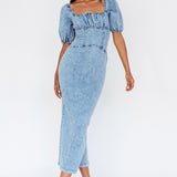 Juneau Puff Sleeve Midi Dress Denim Blue