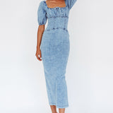Juneau Puff Sleeve Midi Dress Denim Blue