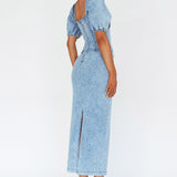 Juneau Puff Sleeve Midi Dress Denim Blue