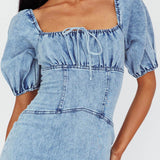 Juneau Puff Sleeve Midi Dress Denim Blue