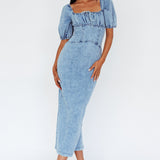 Juneau Puff Sleeve Midi Dress Denim Blue
