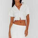 Roman Button-Up Crop Top Textured White
