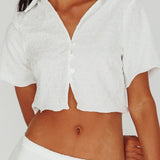Roman Button-Up Crop Top Textured White
