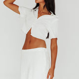 Roman Button-Up Crop Top Textured White