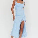 Blushing Ruffle Trim Maxi Dress Blue