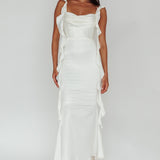 Blushing Ruffle Trim Midi Dress Oyster