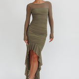 Jozelle Long Sleeve Ruched Maxi Dress Olive