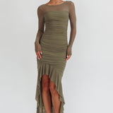 Jozelle Long Sleeve Ruched Maxi Dress Olive