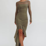 Jozelle Long Sleeve Ruched Maxi Dress Olive