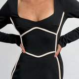 Shenae Long Sleeve Piping Midi Dress Black