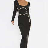 Shenae Long Sleeve Piping Midi Dress Black