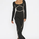 Shenae Long Sleeve Piping Midi Dress Black