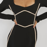 Shenae Long Sleeve Piping Midi Dress Black
