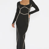 Shenae Long Sleeve Piping Midi Dress Black