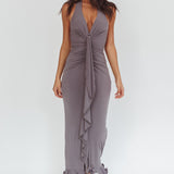 Ray Of Light Ruched Halterneck Maxi Dress Taupe