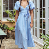 Mayflower Puff Sleeve Waist Tie Midi Dress Blue