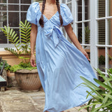 Mayflower Puff Sleeve Waist Tie Midi Dress Blue