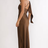 Carmel One-Shoulder Sash Maxi Dress Chocolate